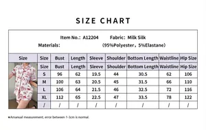 Detailed size chart for women's short sleeve pajama set with specific measurements.