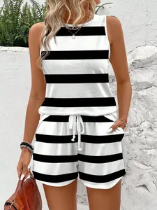 Women's casual sleeveless tank top and striped shorts two-piece set with pockets