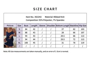 Size chart for lace trim ribbed pajama set with heart pattern camisole and shorts