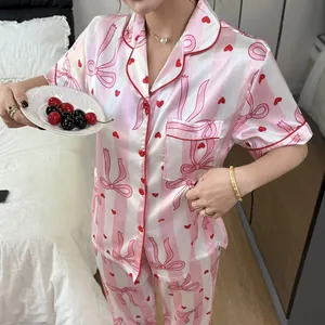 Women's Striped Bow Print Satin Pajama Set Lapel Short Sleeve Button Down Top And Bottom Loungewear Casual Soft Sleepwear
