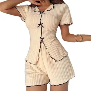 Two-piece ribbed knit loungewear set for women featuring bow details and contrast trim