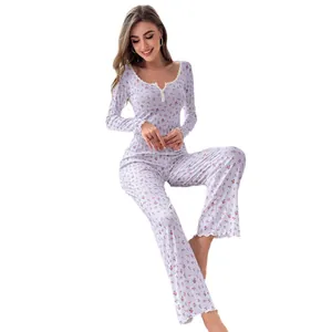 Conjunto de pijama de dos piezas con estampado floral para mujer, manga larga y pantalón largo