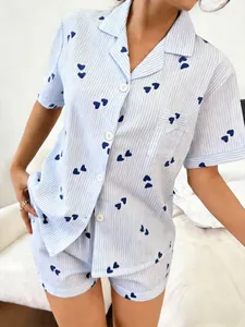 Comfortable blue striped short sleeve pajama set with heart print and lapel collar detail
