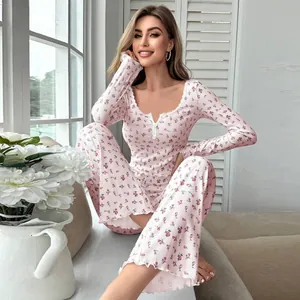 Women Floral Print Ribbed Pajama Set Long Sleeve V Neck Lace Trim Button Front Top And Pants Sexy Loungewear Two Piece Set