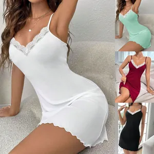 Women Sexy Ribbed Nightdress Lace Trim V Neck Spaghetti Strap Backless Mini Sleep Dress Polyester Spandex Nightgown