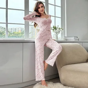 Elegant women's two-piece floral pajama set featuring lace trim and buttons