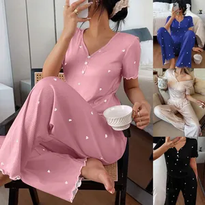 Women Summer Heart Print Ribbed Pajama Top And Bottom Short Sleeve V-Neck Lettuce Trim Casual Home Service Sleepwear Suit