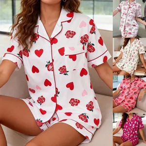 Women European Style Summer Pajamas Lapel Button Short Sleeve Top and Shorts Set Printed Casual Comfortable Loungewear