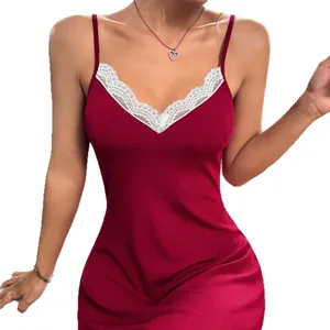 Sexy red ribbed camisole nightdress with white lace V-neck trim for women's casual wear