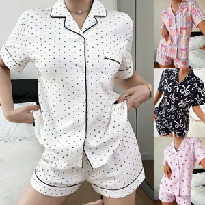 Damen Mode Schlafanzug Oberteil Und Unterteil Polyester Kurzarm Revers Knopf Hemd Und Shorts Loungewear Gemustertes Nachtwäsche Set