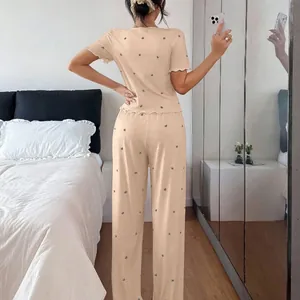 Casual ribbed heart print pajama set with short sleeve top and long pants