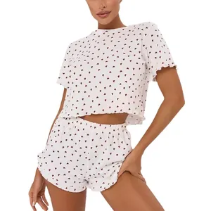 Soft cotton two-piece pajama set featuring a cute heart print with short sleeves and shorts
