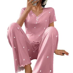 Women's stylish pink heart print ribbed short sleeve pajama set with long lounge pants