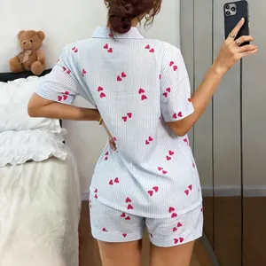Women's heart striped pajama set with lapel short sleeve top and matching lounge shorts
