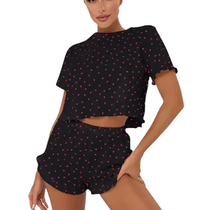 Women's two-piece black pajama set with red heart print short sleeve and shorts