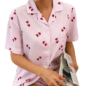 Women's pink striped pajama set with red heart print and short sleeves lapel design