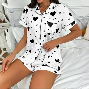 Women Heart Print Ribbed Pajama Set Short Sleeve Button Down Top And Bottom Loungewear Contrast Piping Sleepwear Home Wear