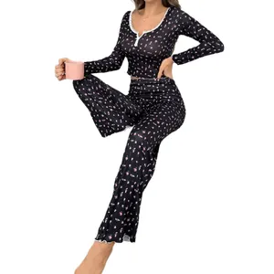 Elegant and sexy floral print slim fit long sleeve pajama set with deep V-neck and buttons