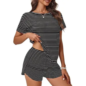 Women's striped two-piece loungewear set with short sleeve top and matching shorts.