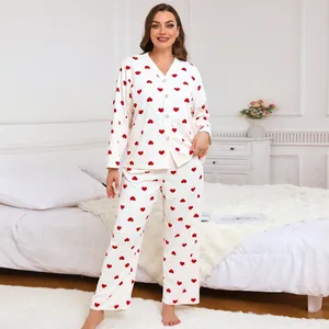 Plus size women's long sleeve pajama set with red heart print comfortable loungewear