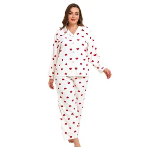 Comfortable plus size women's pajama set with red heart print on white waffle fabric