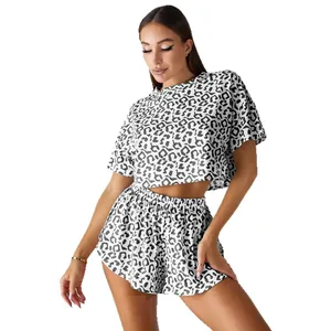 Leopard print women's pajama set with short sleeve crop top and slit shorts loungewear