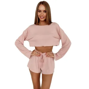 Soft ribbed knit two-piece loungewear set with crop long sleeve top and shorts in pink