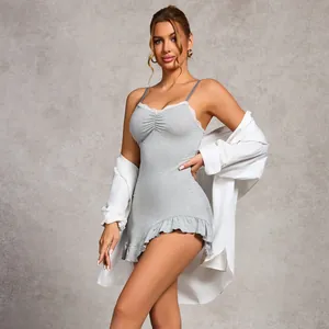 Camicia da Notte da Donna Sexy Scollo a V in Viscosa Con Bordo in Pizzo Orlo a Volant Irregolare Vestibilità Aderente Sottoveste Notte