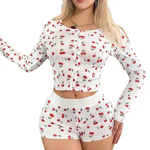 Women's two-piece cherry print loungewear set with long sleeve button top and shorts