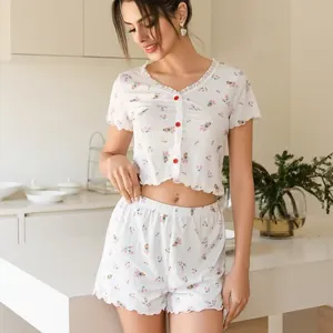 Women Lettuce Trim Ribbed Floral Pajamas Top And Bottom Button V Neck Short Sleeve Loungewear Casual Sweet Sleepwear