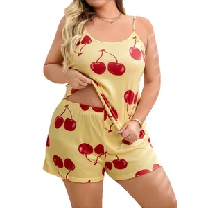 Women's yellow two-piece cherry print pajama set with camisole top and casual shorts