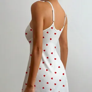 Sexy white nightdress with red heart print and adjustable straps for women home wear