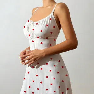 Sexy white heart print camisole nightgown with front bow tie for women's home wear