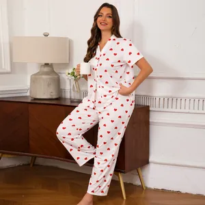 Dames Grote Maten Pyjama Set Hart Print Korte Mouw Knoopsluiting Top And Bottom Loungewear Polyester Casual Nachtkleding
