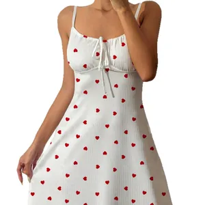 White spaghetti strap nightdress with red heart prints and decorative drawstring bust