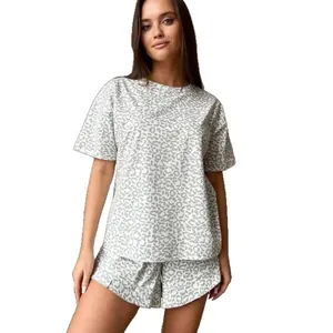 Women's leopard print two-piece pajama set with short sleeve t-shirt and shorts