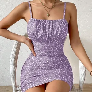 Slim fit purple floral spaghetti strap mini dress for women with elegant ruched detail