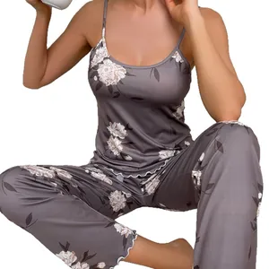 Conjunto de pijama de dos piezas para mujer con camisola y pantalón largo floral