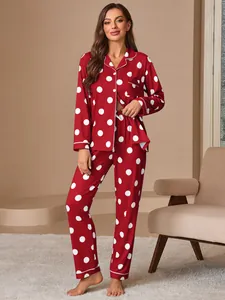 Elegant red and white polka dot pajama set with long-sleeved button-down shirt and pants