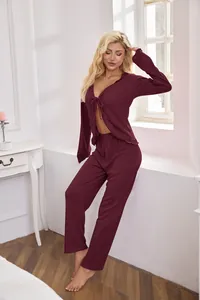 Sexy burgundy two-piece pajama set with long sleeve tie-front cardigan and matching pants
