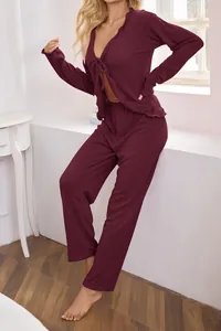 Sexy burgundy two-piece loungewear set featuring a tie-front cardigan and trousers