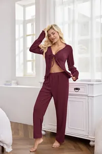 Sexy maroon two-piece pajama set with tie-front cardigan top and high-waisted pants