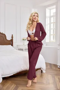 Full-length view of a maroon crinkle-textured two-piece pajama set with cardigan