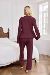 Detailed back view of women's burgundy ribbed knit long sleeve lounge pajama set
