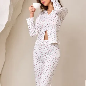 Cozy women's floral pajama set with V-neck long-sleeve cardigan and matching pants