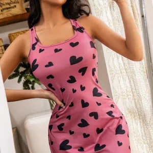 Sexy pink bodycon mini dress with black heart print pattern for summer sleepwear fashion