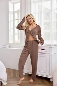 Detail shot of brown ribbed loungewear set with tie-front cardigan and pants