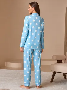 Back view of light blue pajama set with white polka dots for women's autumn comfort.