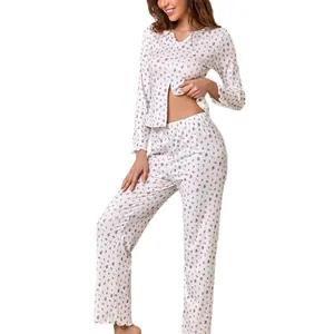 Floral print long-sleeve V-neck pajama set with ruffled edges for women