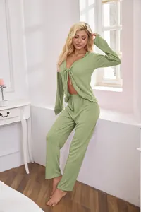 Elegant sage green lounge wear set with tie-front cardigan and textured long pants